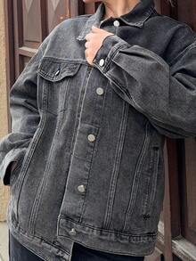 Jeta Ari 女式休闲水洗落肩牛仔夹克，秋季 - 黑色 - 查看 5