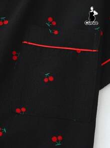 2pcs Plus Size Women Comfy Cherry Print Single-Breasted Lapel Short Sleeve Top And Shorts Pajama Set, Suitable For Home Wear, Spring/Summer, Outfits