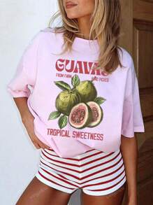 Nuova maglietta casual e versatile da donna, stile ampio, in tessuto traspirante, con stampa di frutta, collo tondo, per primavera ed estate