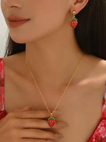 3pcs Set Summer Elegant Metallic Delicate Cherry Necklace & Earrings Jewelry Set, Suitable For Daily Wear Or Gift