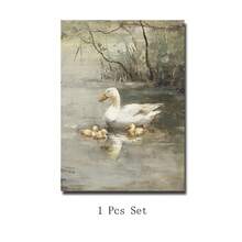 复古 Cottagecore 鸭子艺术印刷品 - 中性米色春季帆布画，乡村农舍墙壁装饰，带有鸭子池塘场景，适用于卧室和客厅（1 件无框）