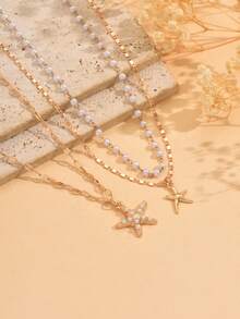 3pcs/Set Elegant Faux Pearl Handmade Chain Choker Necklace With Starfish Pendant, Fashionable Women Jewelry Suitable For Daily Wear, Travel, Party - Golden - View 3