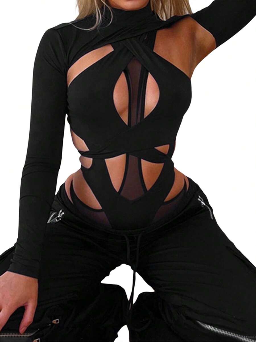 Women Slim One Piece Jumpsuit, Long Sleeve High Neck Sheer Mesh Irregular Cutout Bodysuit For Party Club - màu đen - Xem 1