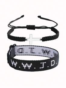2pcs/Set Minimalist Stainless Steel Cross Bracelets & Wwjd Letter What Would Jesus Do Christian Jewelry Jacquard Knit Wristband Bracelet Set For Women For Party Jewelry