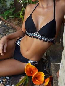 Bikini de mujer sexy con estampado retro de bola colgante, bikini con cuello halter