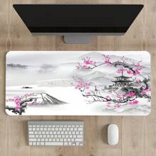 Cherry Blossom Watercolor Gaming Temple Mouse Pad - XL Extended Desk Mat With Non-Slip Rubber Base, Polyester, Rectangular, Ideal For Office And Home Use