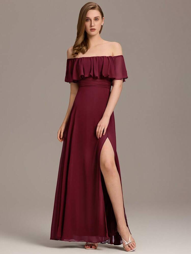 Open Shoulder Ruffle Sleeve Side Slit A-Line Chiffon Burgundy Bridesmaid Dress, Wedding Guest Dress, Wedding/Vacation/Graduation Ceremony Spring Elegant