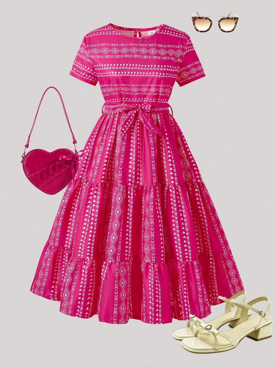 休闲少女连衣裙；夏季欧美青年度假束腰连衣裙，几何印花，适合日常旅行、暑假和波西米亚风度假。 - 玫紅色 - 查看 1