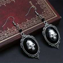 1 par de pendientes colgantes vintage estilo gótico con cabujón de cristal en relieve negro, pendientes con gota de calavera de bruja de Halloween, joyería de estilo victoriano de moda como regalo para mujeres y niñas