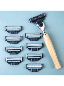 Barbeador Masculino de Lâmina de Aço Inoxidável de 3 Camadas com Cabo de Bambu, Lâminas de Barbear Manuais Substituíveis