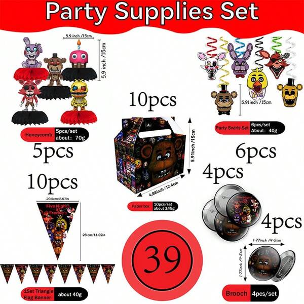 Five Nights at Freddy's Set de 39 piezas para decoración de fiesta de cumpleaños de Five Nights At Freddy's, incluye 10 banderas, 10 cajas de papel, 5 panales, 6 espirales, 8 broches, suministros para fiesta con tema de juego de dibujos animados, pequeños regalos para reunión