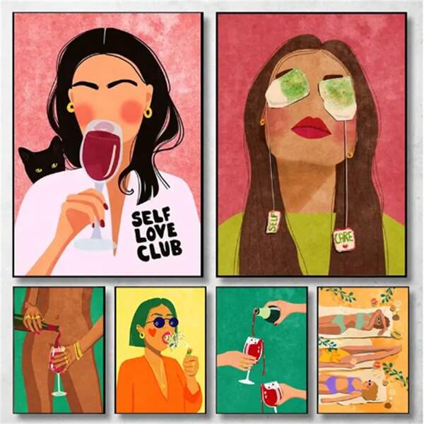 1 pièce Affiches avec cadre optionnel, arts muraux vintage, colorés et amusants. Décoration murale pour la maison, la salle de bain, la chambre de fille. Peintures murales avec motifs de fruits, banane, pêche, vin rouge, femme sexy. Impression sur canevas avec cadre