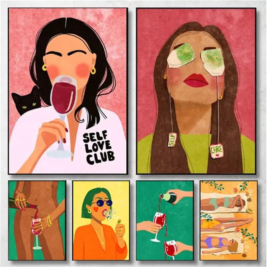 1 Pc Optional Frame Posters Wall Arts Vintage Colorful Funny Home Bathroom Girl Room Wall Decor Paintings Fruit Banana Peach Red Wine Sexy Woman Canvas Posters Wall Print Art, Wall Art With Frame