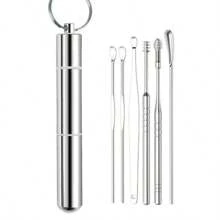 Set de 6 piezas de Palillos de oído de acero inoxidable, 8 piezas de Herramientas para eliminar la cera de oído, Cucharilla de oído de espiral de doble extremo, Kit de limpieza de oídos