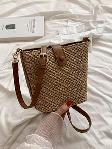 2025新款草编单肩夏季水桶包，休闲度假编织斜挎包