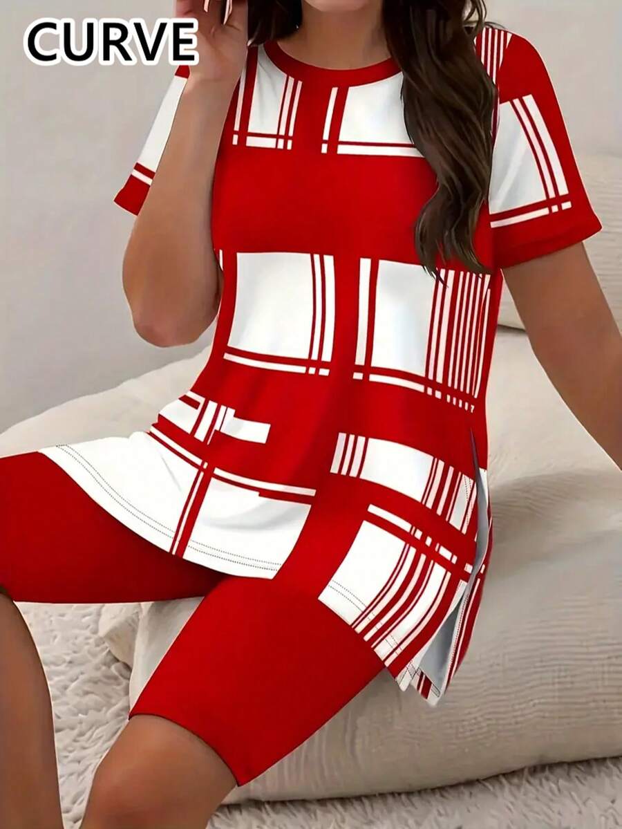 Plus Women's 2 Pieces Plaid Printed Short Sleeved Top And Shorts Set - 紅色 - 查看 1