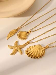 1pc Fashionable Ocean-Themed Stainless Steel Electroplated Necklace With Starfish, Seashell, Fan Shell Pendants, Suitable For Men, Women, Couples Everyday, Beach, Party, Music Festival, Gift