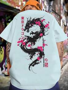 Camiseta Y2K con gráfico de dragón y escritura japonesa para hombres anime