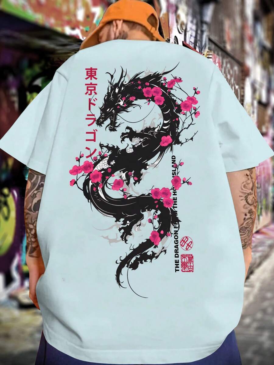 Camiseta Y2K con gráfico de dragón y escritura japonesa para hombres anime