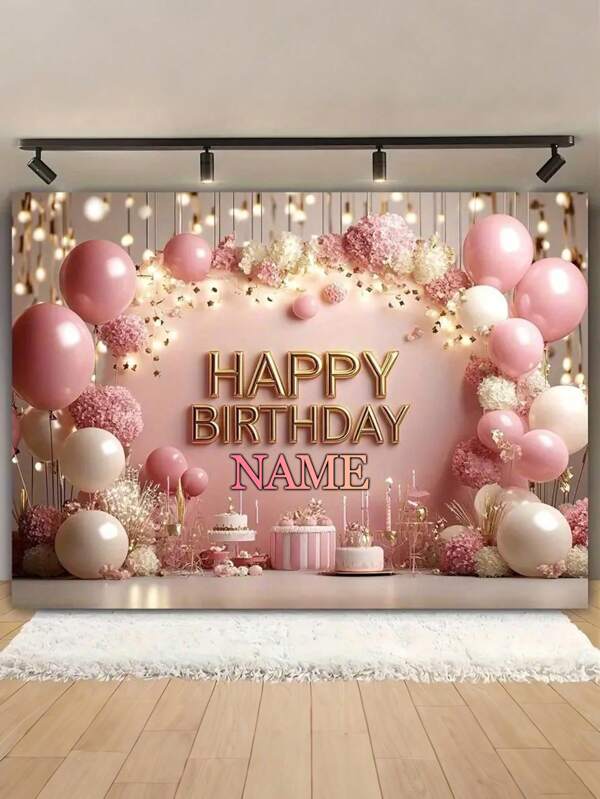 1pc Customizable Name Birthday Party Backdrop Banner, Pink And Gold Balloon Theme For Home And Room Decor, Universal Baptism Birthday Party Supplies, No Electricity Required, Perfect Teen Gift, Polyester Fiber, Great For Parties, Photo Booth Props And Celebrations, Home Decor, Reusable, Three Sizes Available,Multi-Functional,Ornamental,Letter,Stylish,Modern,Colorful,Cute,Adorable,Casual,Custom,Personalised,Unique,Customized,Ideal Gifts For Him,Ideal Gifts For Her