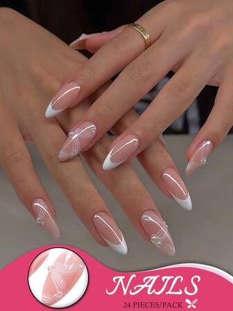 24 st. medellånga mandelfärgade press-on naglar, nude rosa franska spetsar med pärlmönster, eleganta romantiska handgjorda lösnaglar för bröllopsfest och vardagsbruk, inkluderar limflikar och filar.