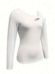 Top à manches longues asymétrique avec épaule ajourée, Top pour femmes, convient pour le printemps et l'automne - Blanc - Voir 4