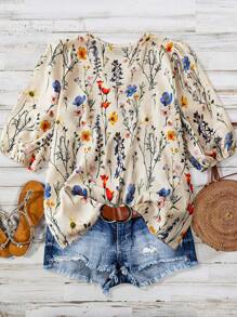 Women's Fashion Print V-Neck Puff Sleeve Elastic Cuff Casual Blouse