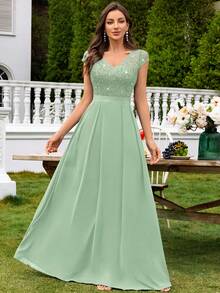 MIUSOL V领亮片蕾丝短袖雪纺荷叶边长款连衣裙，优雅女士派对礼服，正式晚礼服，舞会礼服，适合婚礼宾客、毕业典礼、盛大晚宴及其他场合。 - 薄荷綠 - 查看 5