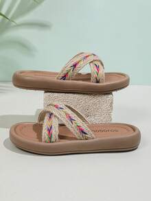 1 Pair Colorful Linen Woven Thick Sole Kid's Slippers, Suitable For Summer - Beige - View 3