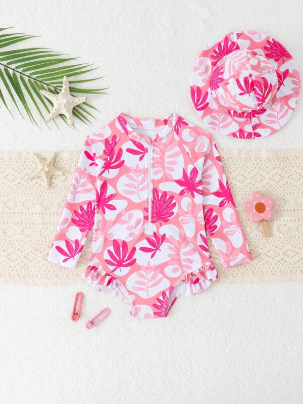 Baby Long Sleeve Zip-Up Swimsuit With Maple Leaf Design, Comes With Hood, For Beach And Holiday