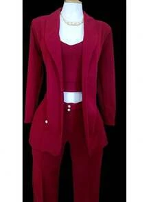 Conjunto Elegante de Tres Piezas para Mujer – Blazer, Top y Pantalón a Juego – Estilo Formal y Casual con Detalles de Perlas - Rojo violeta - Ver 1