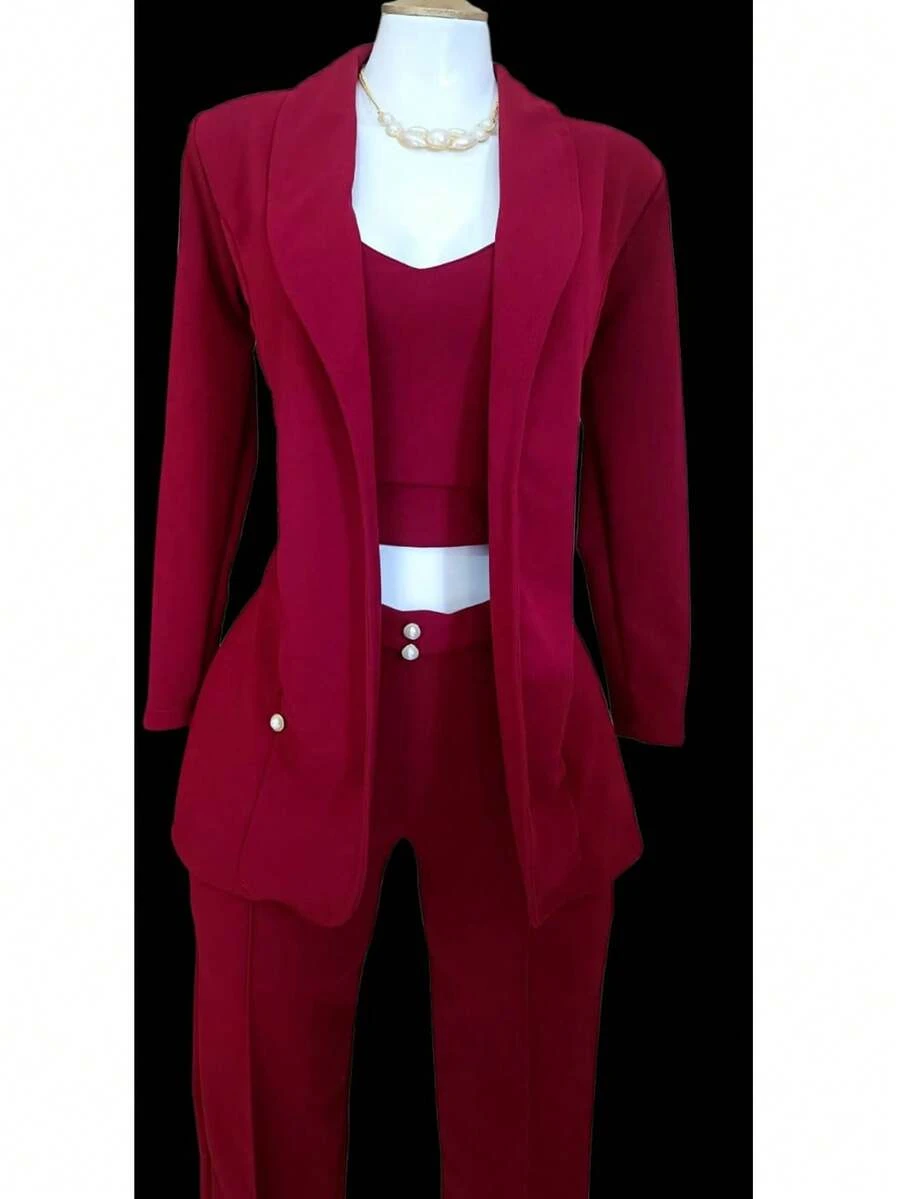 Conjunto Elegante de Tres Piezas para Mujer – Blazer, Top y Pantalón a Juego – Estilo Formal y Casual con Detalles de Perlas - Rojo violeta - Ver 1