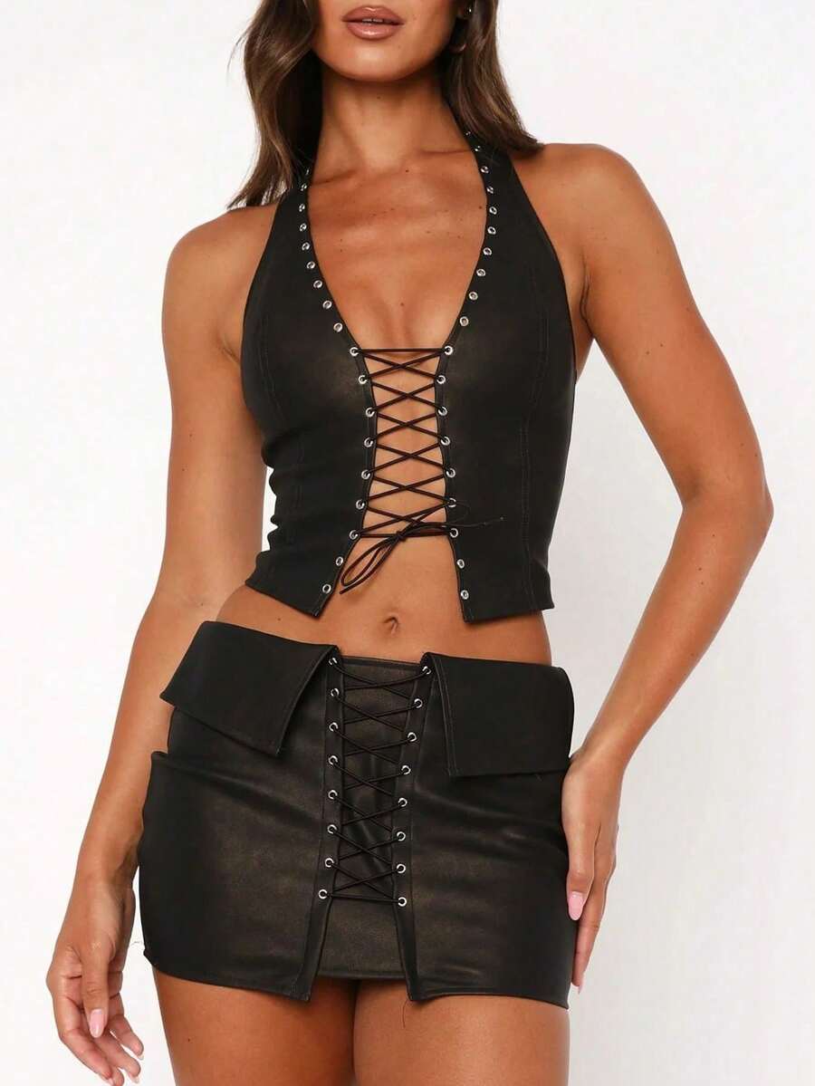 Top de camisola corto para mujer, sexy y elegante, de PU, con escote profundo en V, lazo delantero y hebilla, adecuado para uso en verano, color negro - Negro - Ver 1