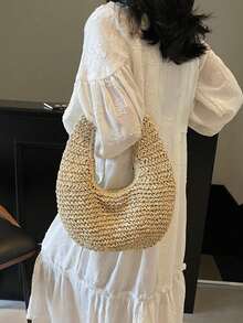 Túi xách đan thời trang cổ điển dung tích lớn, Túi xách đeo vai cói đi biển - Màu be - Xem 4