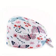 1 pieza Gorro de enfermera con estampado digital de flores, animales y corazones sobre fondo rosado, de mezcla de algodón. Adecuado para médicos, enfermeras, salones de belleza, hospitales veterinarios y profesionales de limpieza. Anti-bacterial y anti-polvo