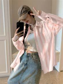 Women's New Korean Slouchy Long Sleeve Playful Casual Color Patchwork Shirt, Lace Girl's College Style Striped Coat With Pocket Sunscreen Cardigan, Daily Wear, Go Out, Home, Dating, Travel Vacation - Pink - View 7