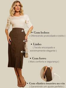 Linen Midi Skirt With Stylish Slit And Flexible Waist Casual Elegant Party Linen Hollow Out/Cut Out Split Skirt Evening Office Formal Evening Travel - 墨綠色 - 查看 6