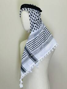 Designer Style Black & White Geometric Pattern Casual Head Scarf/Neck Scarf, Linear Flower Fringe Edging, Suitable For All Seasons