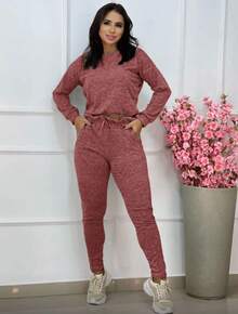 Long Sleeve Cropped Set With Woolen Trousers Winter 2025 - Rusty Rose - View 2
