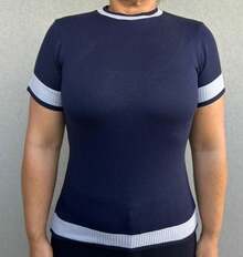 Women's Knitted Sleeve Blouse | Knitted Blouse | Summer Blouse | Short Sleeve Elastane Blouse - 藏蓝色 - 查看 6