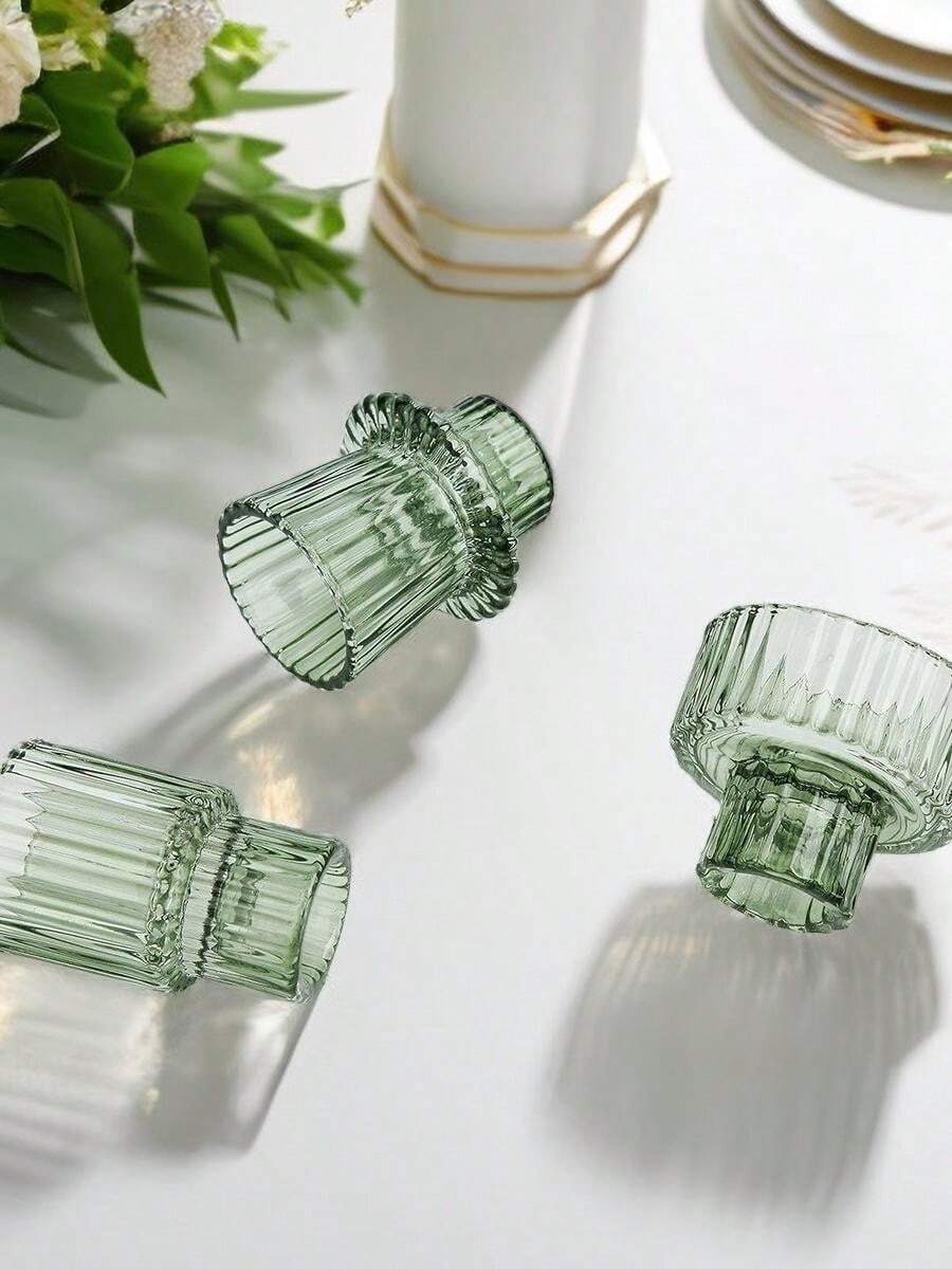 1pc European Style Minimalist Vertical Striped Glass Candle Holder, Romantic Table Candlestick, Creative Home Decor For Household & Commercial Use, Display Stand For Crystal Balls & Jewelry, Wedding Essential