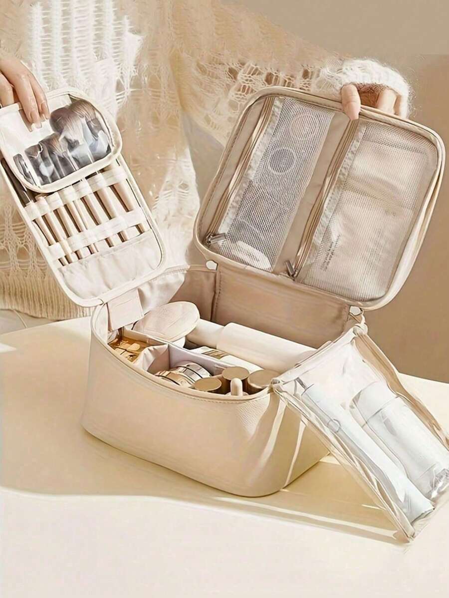 1pc Portable Cosmetic Bag Toiletry Bag With Handle, Pu Large Capacity Cosmetic Storage Bag Waterproof Travel Storage Bag, Store Cosmetics And Travel Necessities, Gift For Women