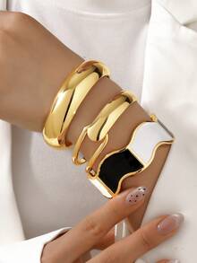 1pc/Set Multi-Color Wave Glossy Metal Bangle Bracelets, Elegant Retro Intellectual Graceful Refined Niche, Suitable For Street Style, Party, Graduation Gift And More - Gold - View 10