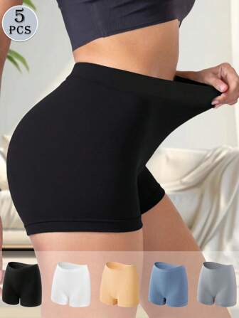5Pcs Shorts For Women Panties Seamless Low Waist Sexy Lingerie Boyshorts Underwear Women's Briefs Soft Safety Black Short Panty Buttocks Lifting Knickers Minimal Style Underpants Soft Fabric Solid Color Suitable For Summer With Dresses