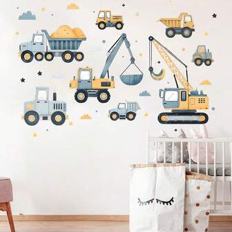 1 套卡通挖掘机工程卡车墙贴花、建筑起重机、挖掘机、卡车墙面装饰、卧室游戏室家居装饰