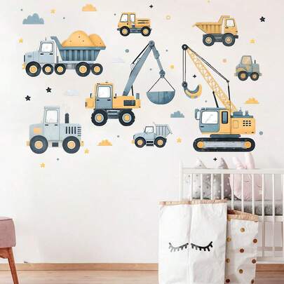 1 طقم ملصقات جداريه تزيينية بشاحنات بناء وحفارات كرتونية، حاويات بناء، حفارات، شاحنات لديكور غرفة النوم والمساحات اللعب في المنزل