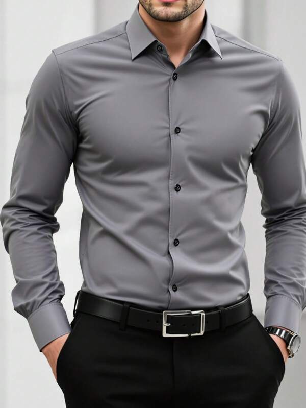 Men's Solid Color Long Sleeve Single-Breasted Casual Commuter Shirt, Basic Long Sleeve Business Shirt, Casual Business Formal Shirt, For Fall