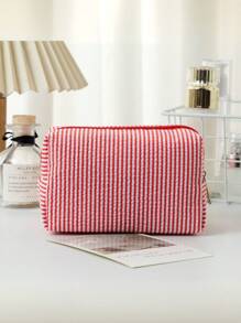 1 pieza de bolsa de maquillaje de seersucker, una bolsa de tocador de gran capacidad para llevar en la mano, bolsa de almacenamiento de cosméticos de viaje con bordado a rayas, esencial de viaje para vacaciones, verano, vuelta al colegio, bolsa escolar, bolsa de viaje para mujeres, bolsa de maquillaje para viajes