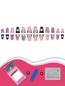 Y2K 一盒 24 件中号鸭嘴指甲，紫色和黑色带星星点缀，饰有水钻装饰，展现大胆而时尚的外观，按压式指甲套装配有指甲锉和果冻胶，适合所有女性，非常适合日常和派对场合，为您的指尖增添一丝独特魅力。 - 彩色 - 查看 4