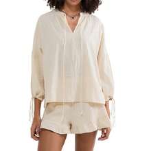 Women Linen Set Puff Long Sleeve V Neck Front Tie Shirt  Ruffle Boxer Shorts Set 2 Piece Lounge Sets Y2K Tracksuit - 杏色 - 查看 2
